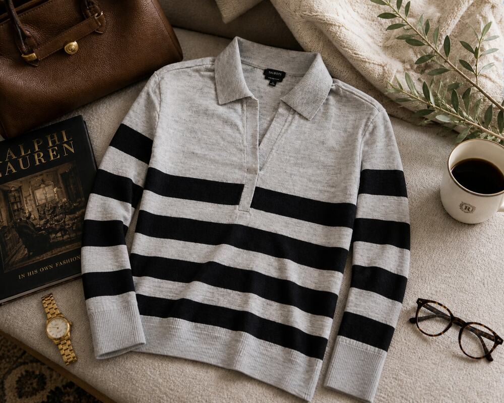 Talbots 100% Merino Wool Gray Black Striped Sweater Small